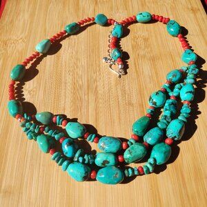 Jay King DTR Turquoise Coral statement necklace 925 Sterling Silver 24"-26"
